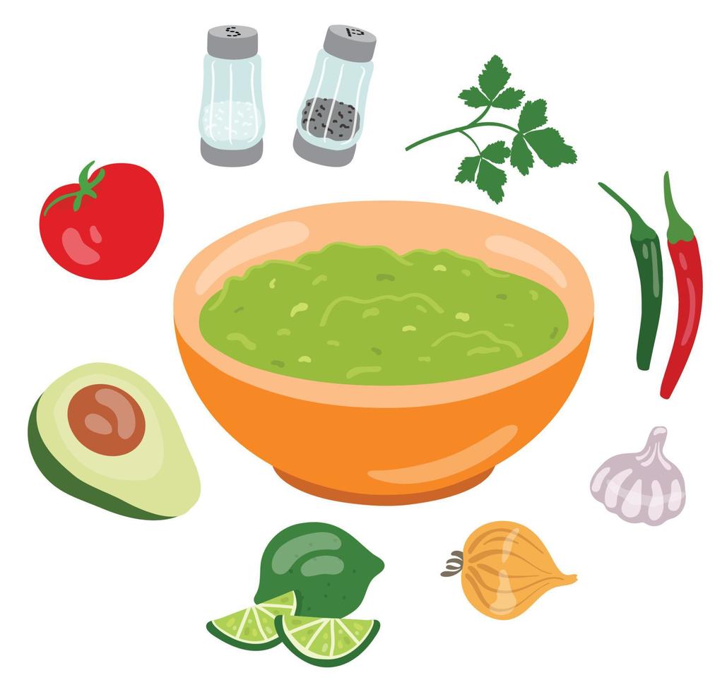 Guacamole with Ingredients. Mexican avocado sauce in a orange bowl . Suitable for website, stickers, menu. vector