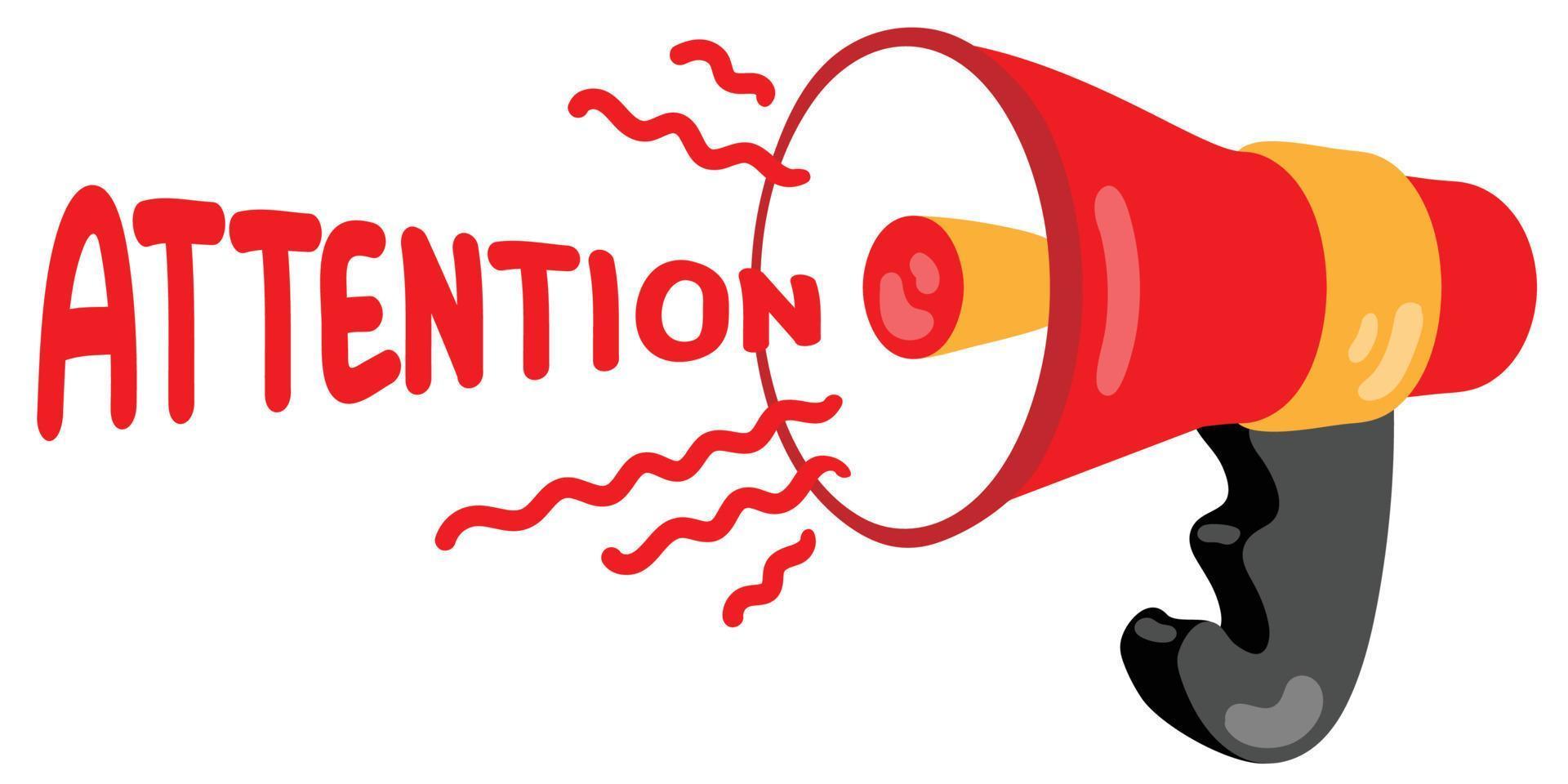 Megaphone with the inscription - attention. Hand drawn vector illustration. Suitable for website, stickers.