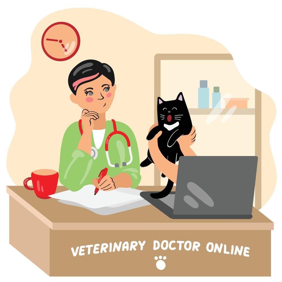 médico veterinario revisando gato por enlace de video. Consulta veterinaria en línea. ilustración vectorial dibujada a mano. adecuado para sitio web veterinario, postales. vector