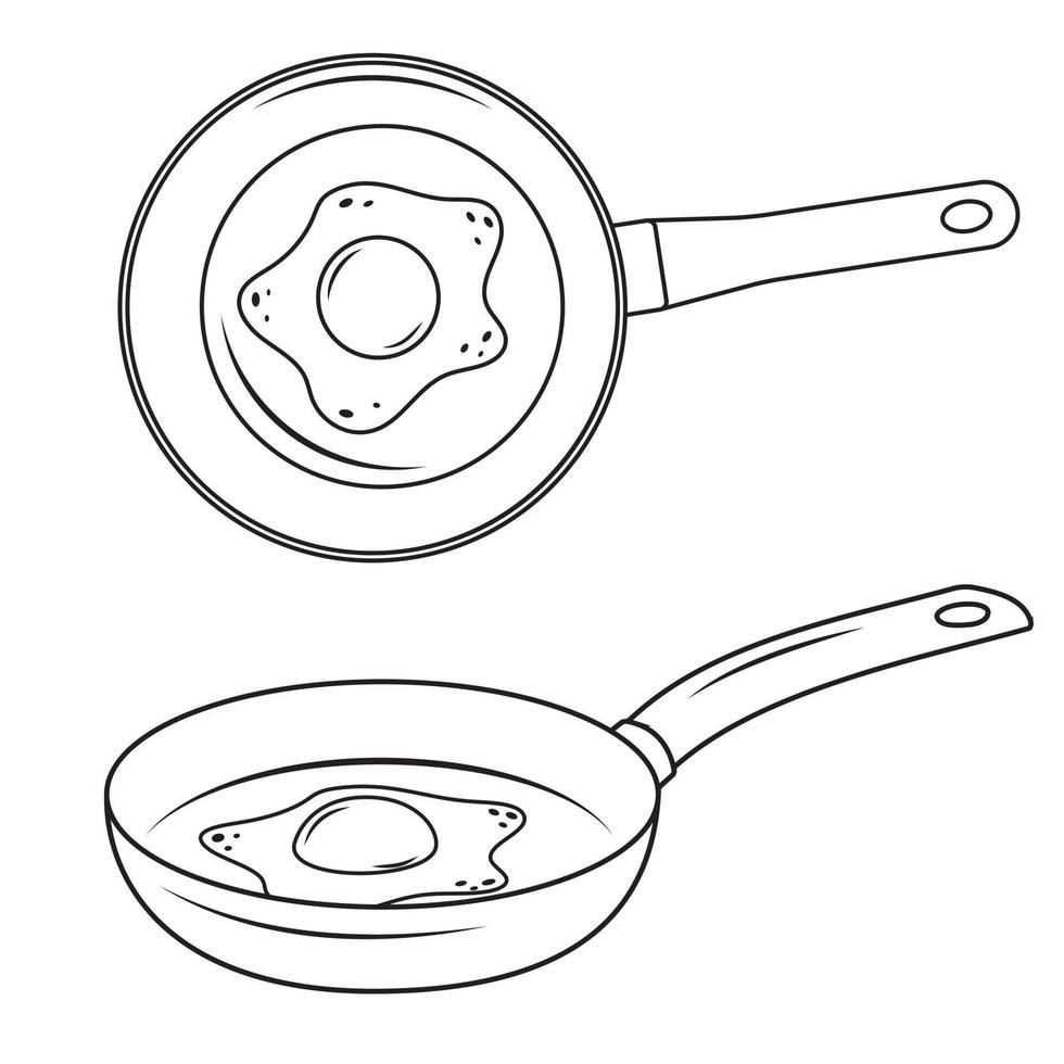 Fried egg in a frying pan, black outline, line, vector illustration