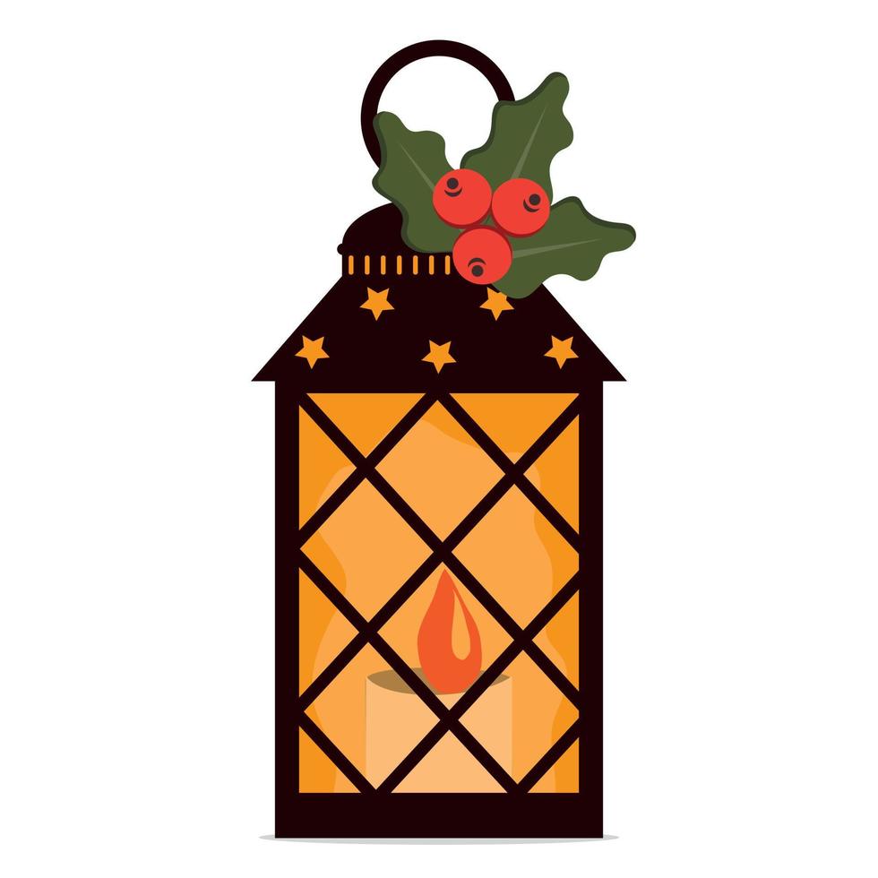 Interior landscape Christmas lantern with candle, color vector illustration in cartoon style