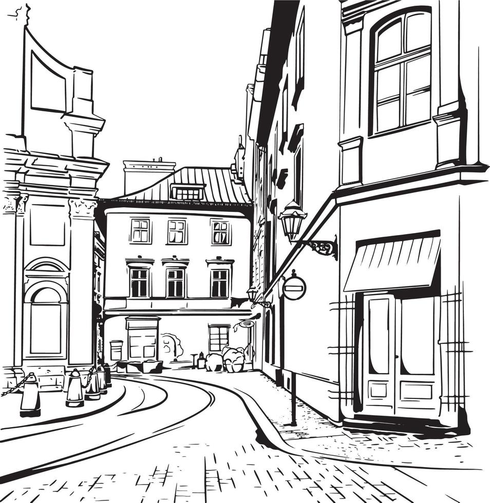 Krakow old town street view sketch illustration vector