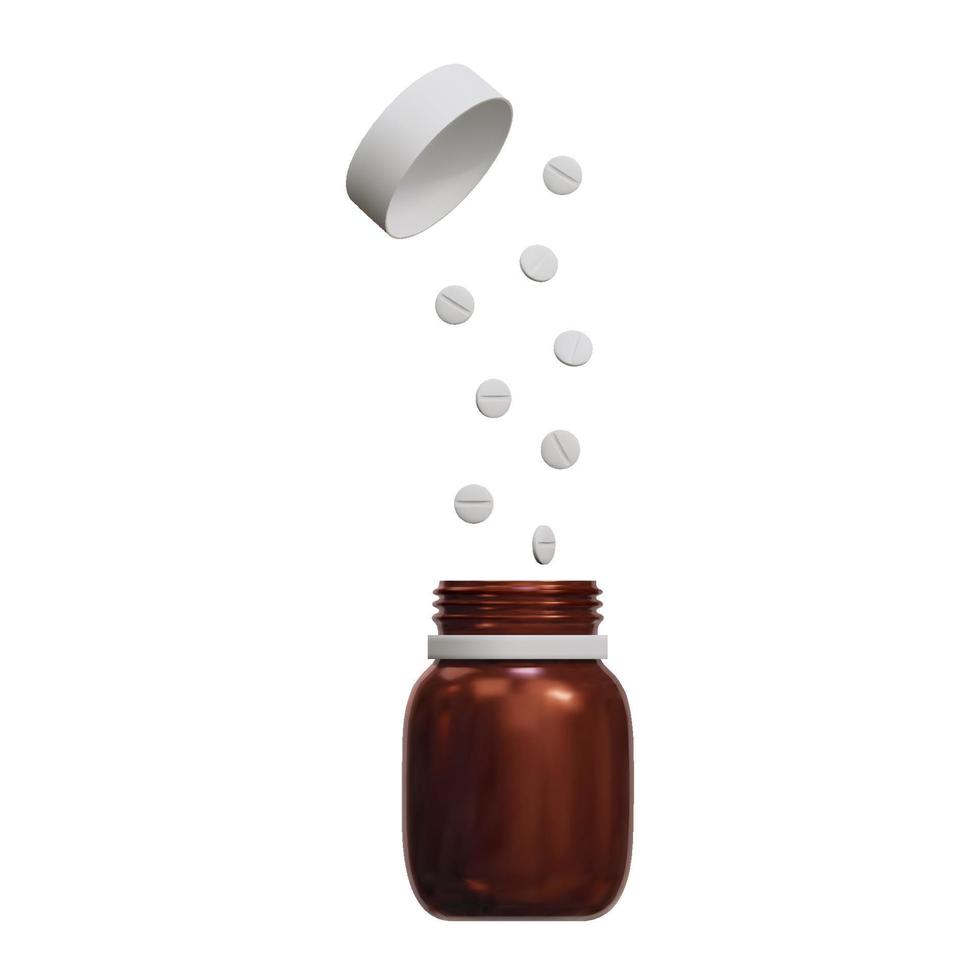 3D falling pills tablets with bottle mockup on a white background. Antibiotic, vitamin drugs. Vector illustration