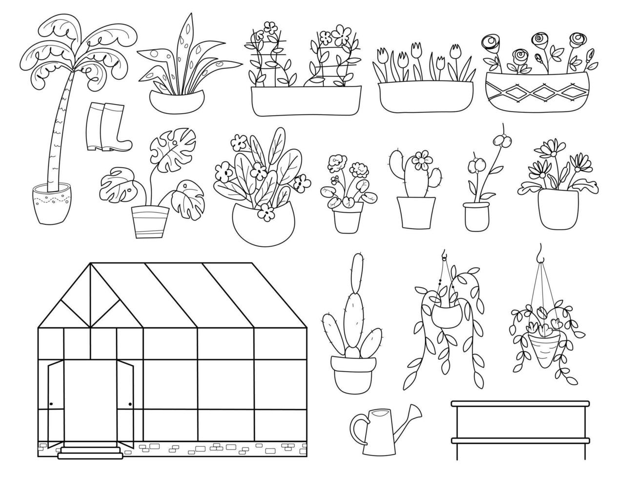 ilustración con invernadero, plantas, regadera y botas. vector