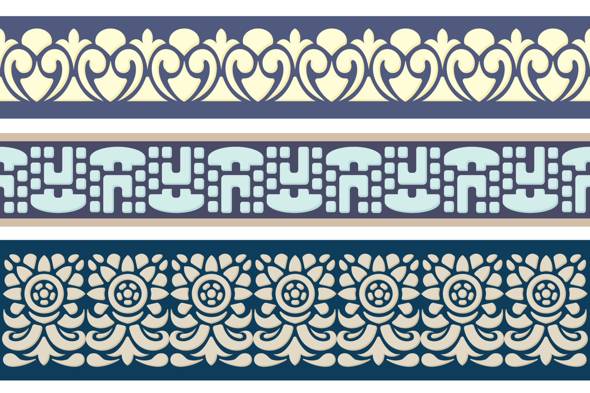 Seamless color trim set. Abstract repeating motifs. Lace ribbon tape