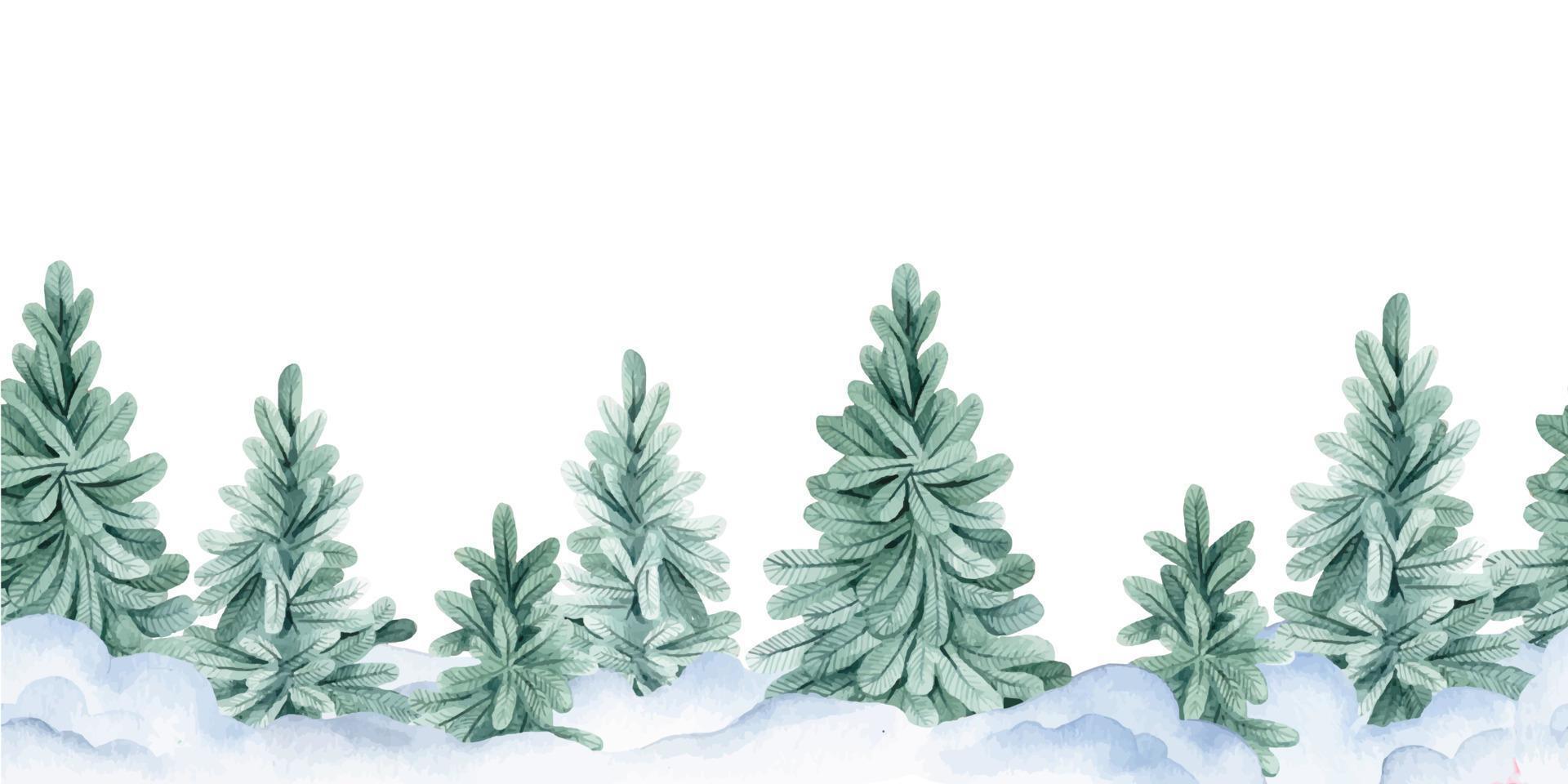 watercolor seamless border, frame with winter christmas landscape. fir trees and snow, winter forest, new year vector