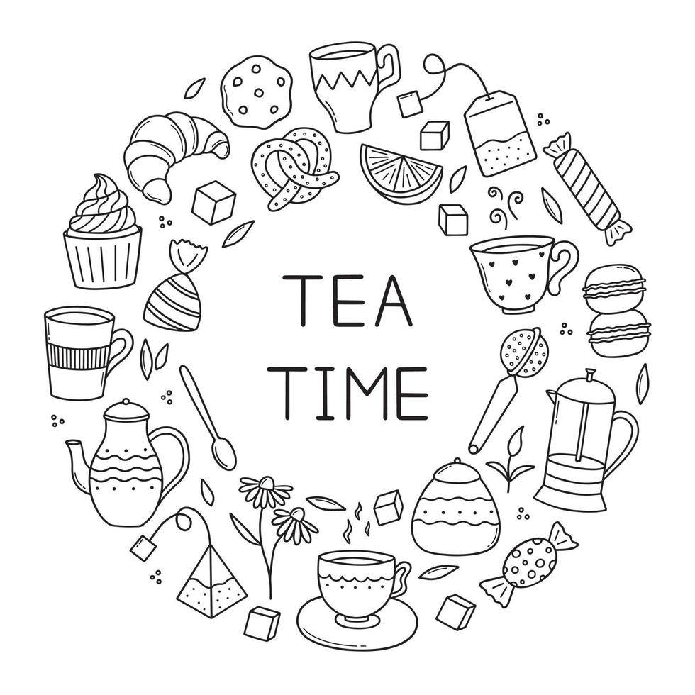 Hand drawn set of Tea time doodle icons. Teapots, cups, lemon and sweets in sketch style. Vector illustration isolated on white background