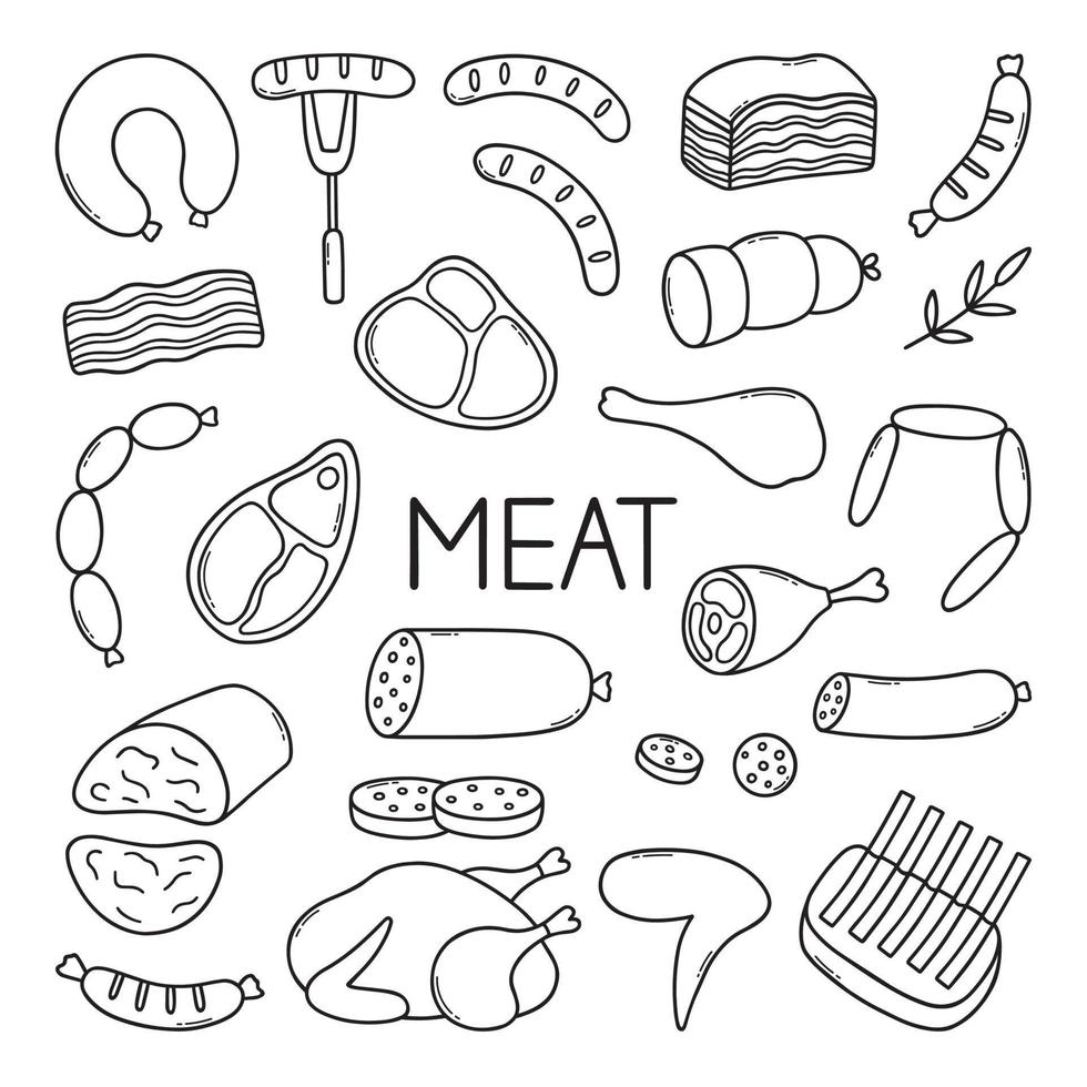 Meat doodle set. Sausages, steaks, ribs, pork, beef in sketch style. Hand drawn vector illustration isolated on white background