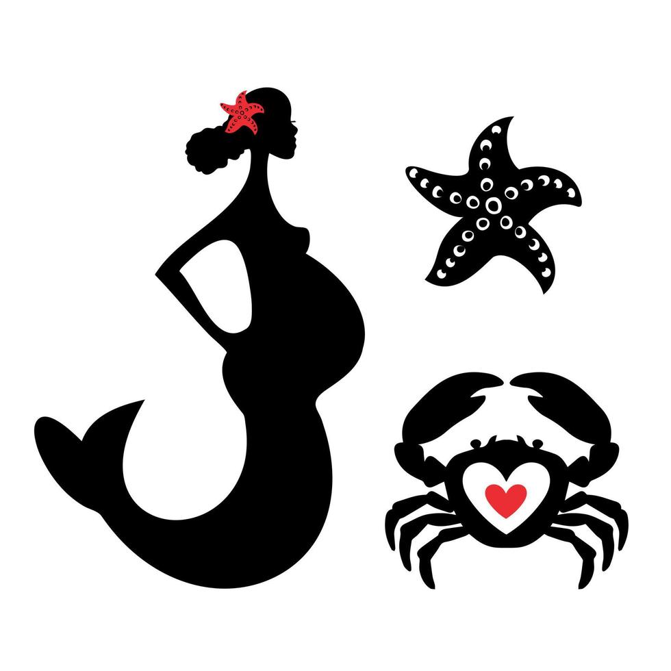 equipo marino. mamá es una sirena, una sirena embarazada, un cangrejo y una estrella de mar. vector