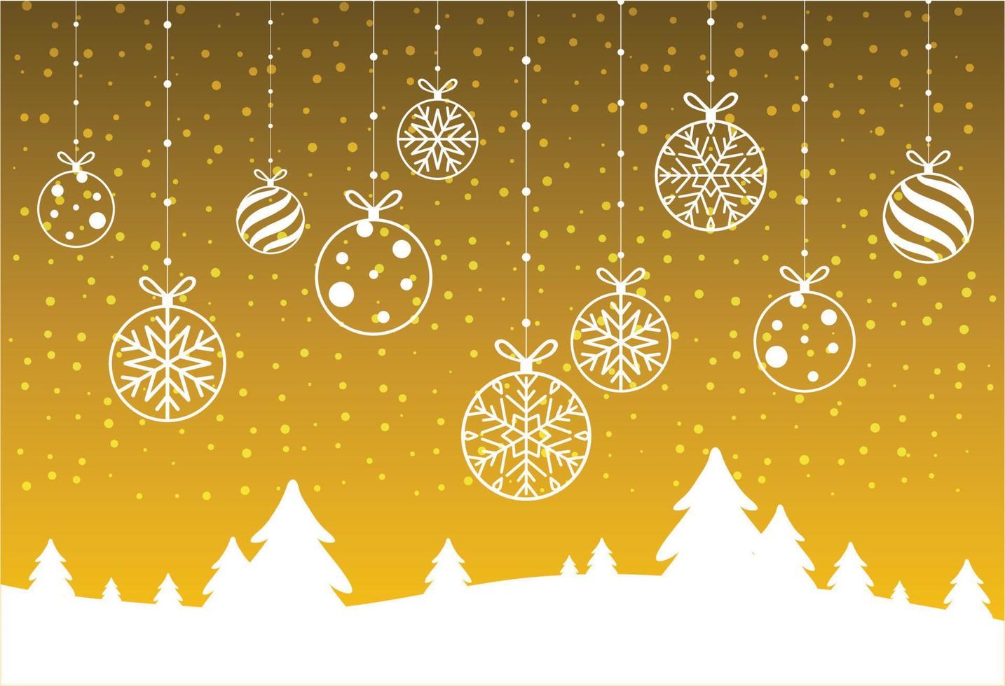 yellow shiny Happy New Year and Merry Christmas card with Christmas balls. Greeting card or festive poster template. Vector background.