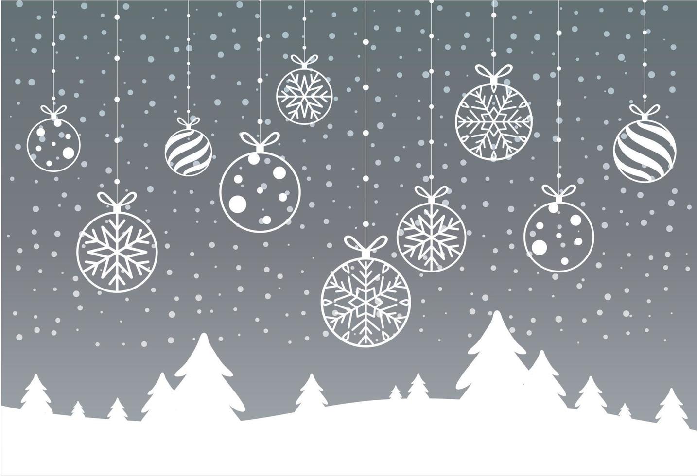 Happy New Year greeting card. Christmas card. Celebration background with Christmas Landscape, Christmas tree, balls and place for your text. Vector Illustration