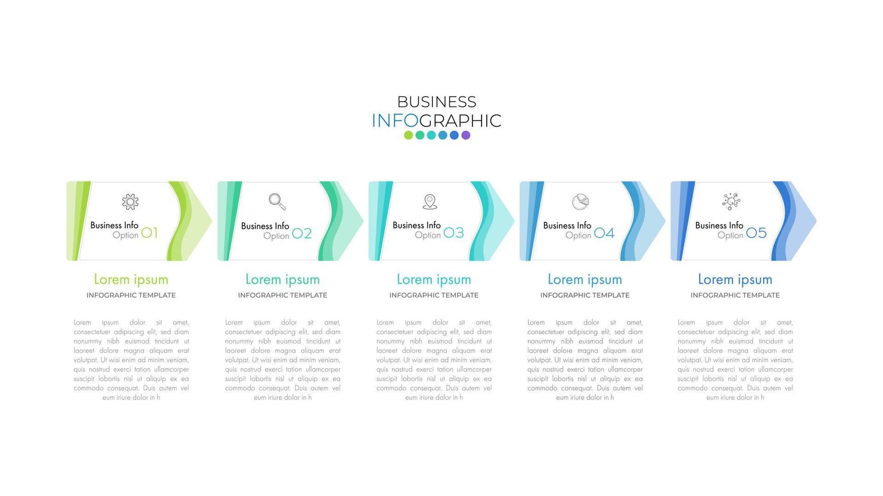 La plantilla de línea de tiempo de infografía moderna se puede utilizar para el diseño de flujo de trabajo, diagrama, opciones de número, diseño web. concepto de negocio infográfico con 5 opciones, partes, pasos o procesos. vector