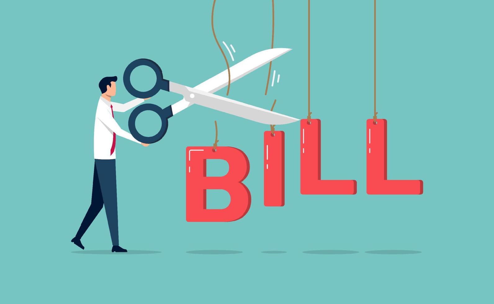 Cost cut or reduction concept. Business efficiency and cost optimization symbol. Businessman cutting bill alphabet vector illustration