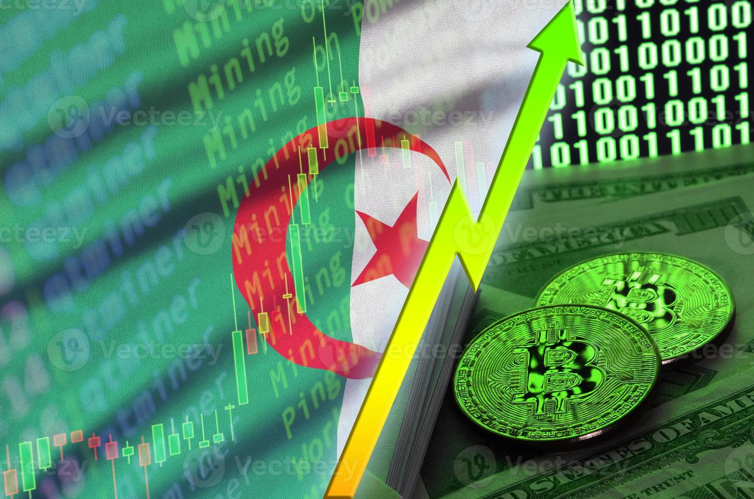 bandera de argelia y tendencia creciente de criptomonedas con dos bitcoins en billetes de dólar