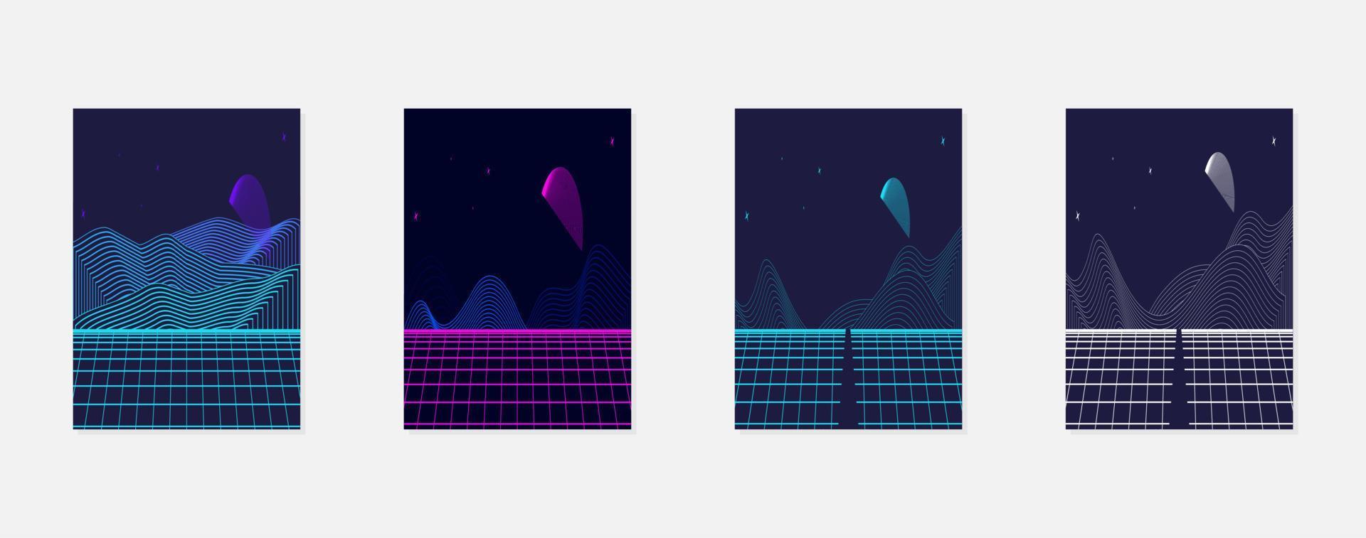 Retro futuristic landscape 1980s style poster or cover design template. Digital retro landscape cyber surface. 80s party background. Retro 80s fashion Sci-Fi Background. Digital Cyber Surface. vector