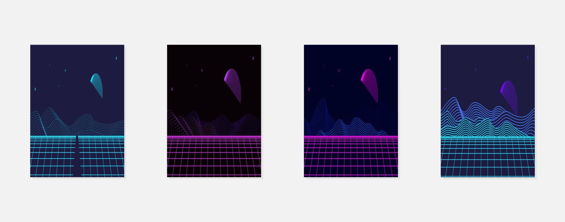 Retro futuristic landscape 1980s style poster or cover design template. Digital retro landscape cyber surface. 80s party background. Retro 80s fashion Sci-Fi Background. Digital Cyber Surface. vector