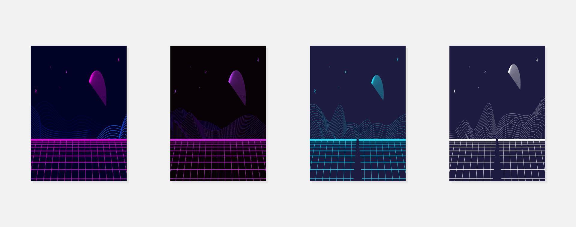 Retro futuristic landscape 1980s style poster or cover design template. Digital retro landscape cyber surface. 80s party background. Retro 80s fashion Sci-Fi Background. Digital Cyber Surface. vector
