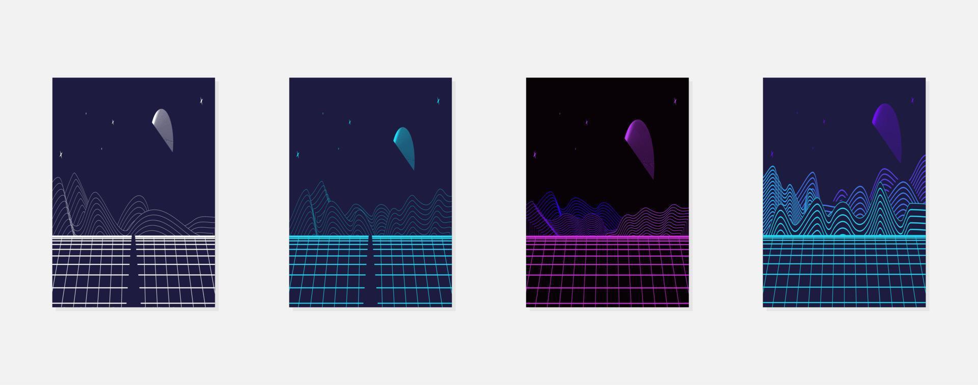 Retro futuristic landscape 1980s style poster or cover design template. Digital retro landscape cyber surface. 80s party background. Retro 80s fashion Sci-Fi Background. Digital Cyber Surface. vector