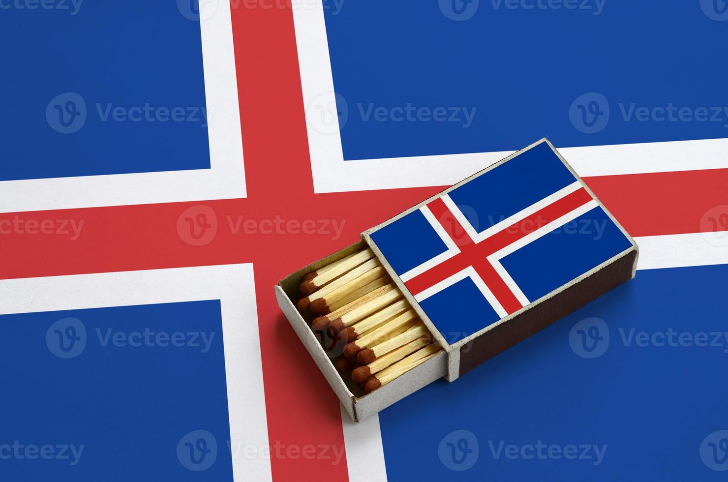 Iceland flag is shown in an open matchbox, which is filled with matches and lies on a large flag photo