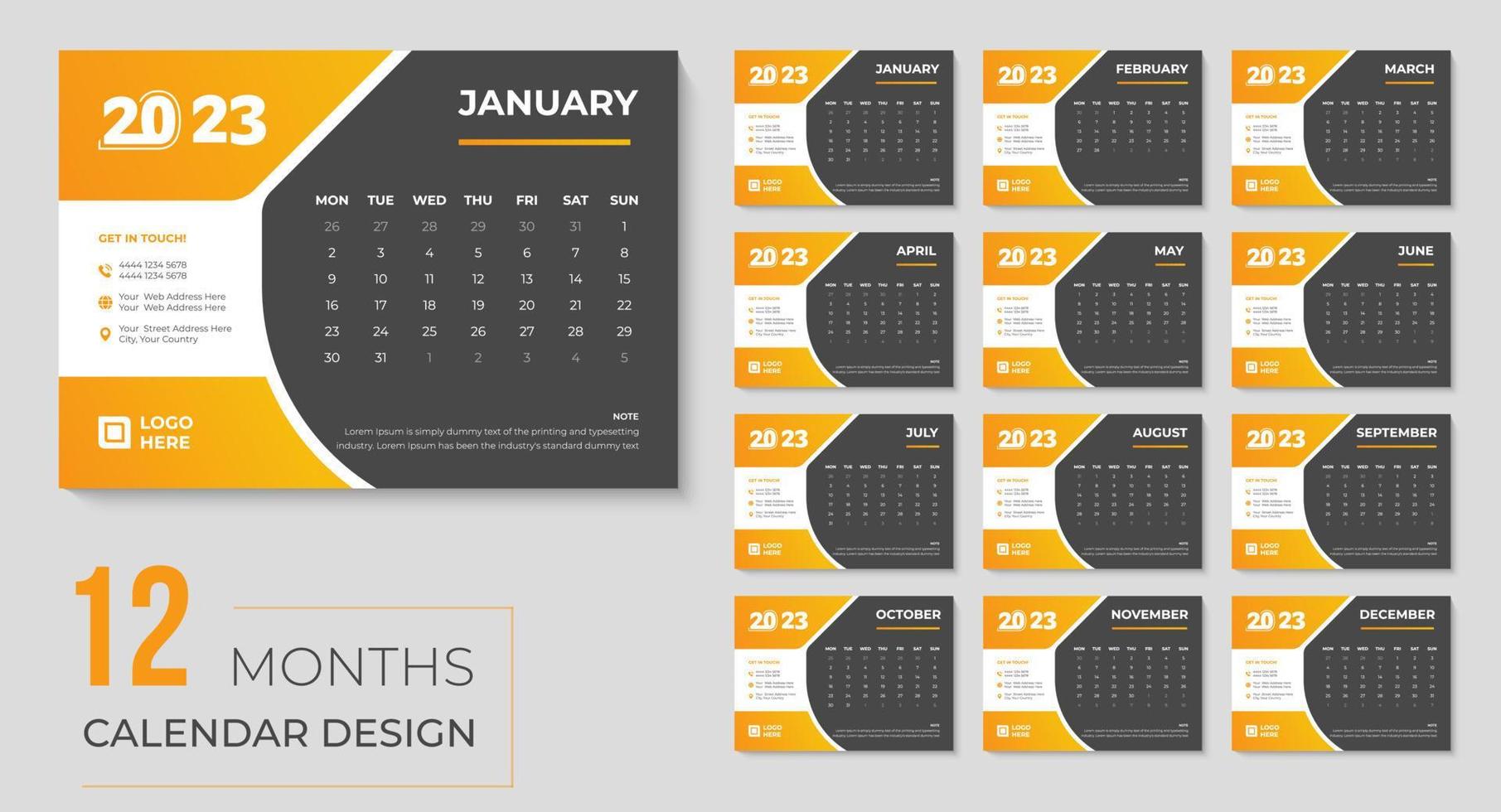 feliz año nuevo 2023 diseño de calendario de escritorio, plantilla de calendarios imprimibles de eventos mensuales y anuales vector