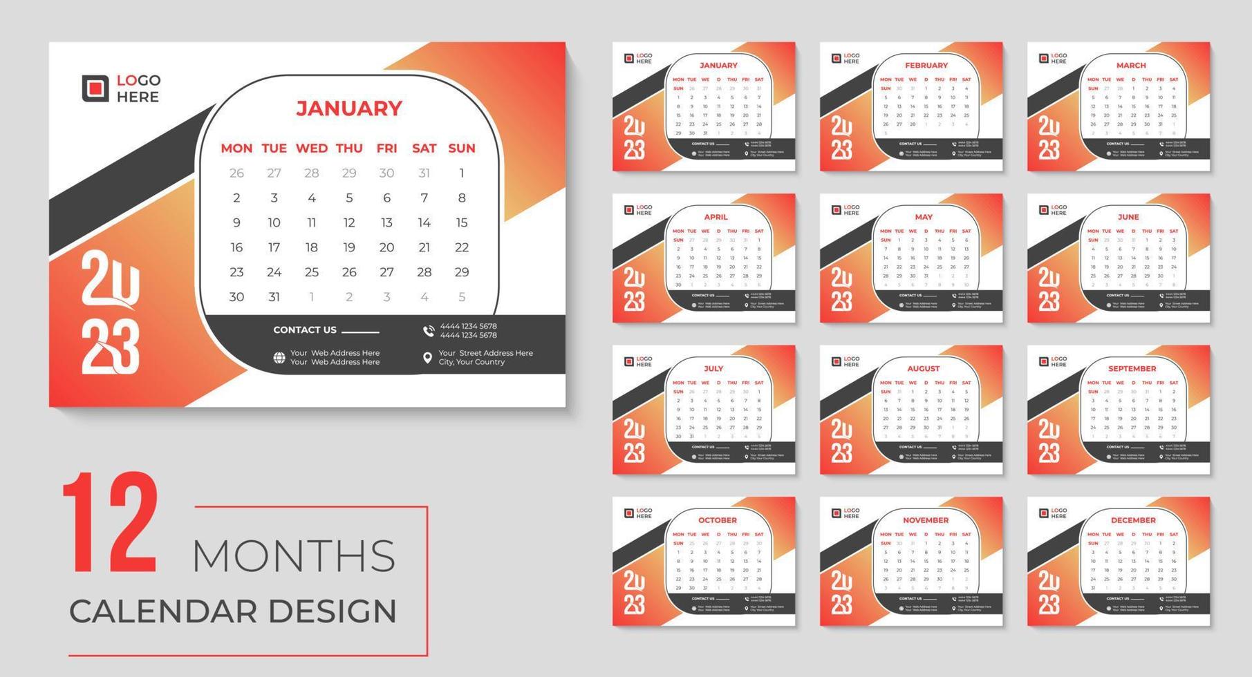 Diseño de calendario de escritorio de 2023 años con plantilla de calendario imprimible mensual vector