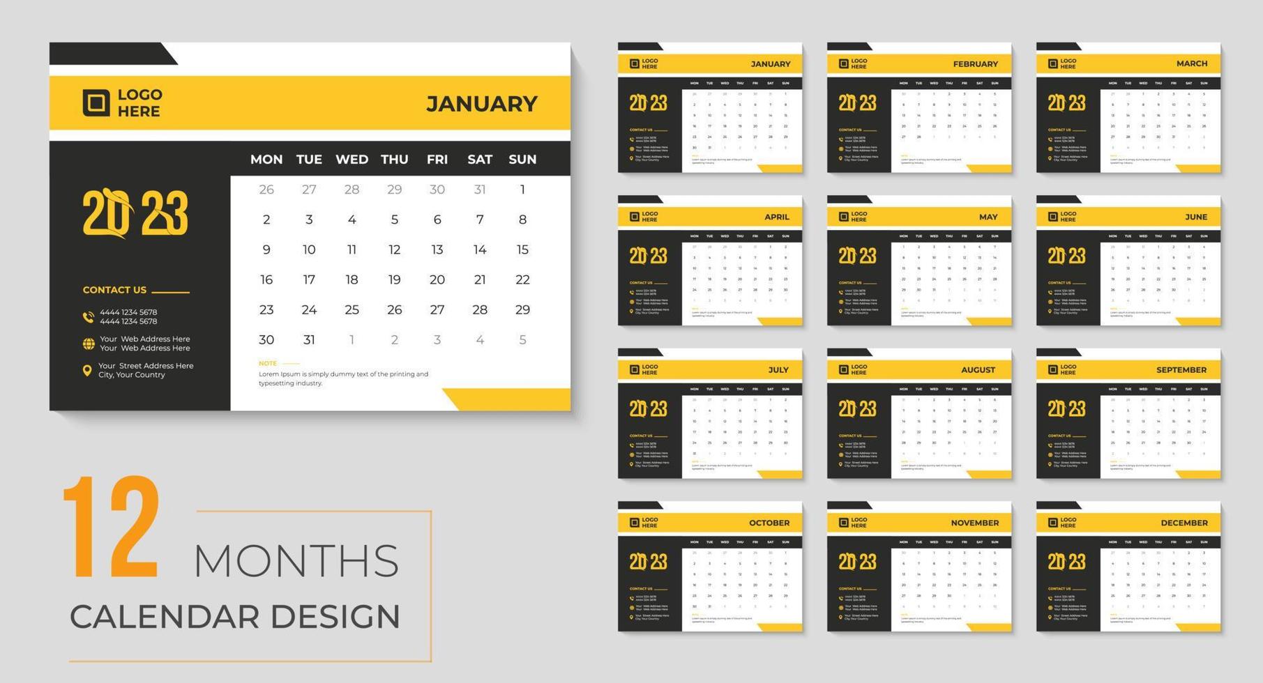 Happy new year 2023 desk calendar design, monthly and yearly yellow event printable calendars template for business agency vector