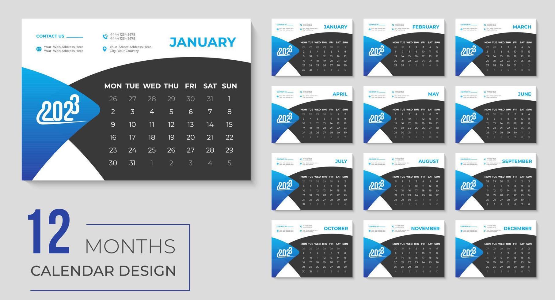 2023 desk calendar design with Monthly printable business calendars template vector