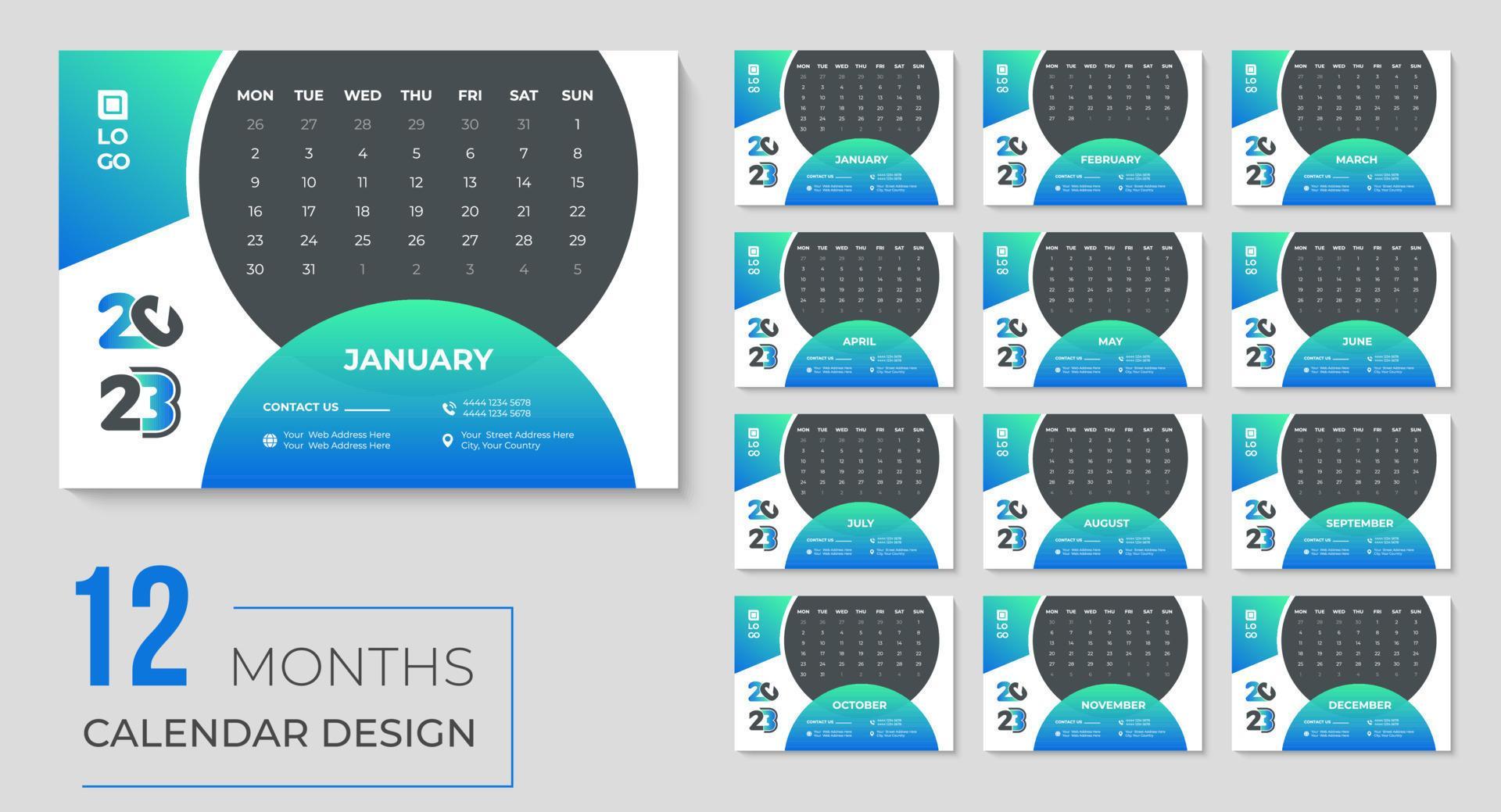 2023 year desk calendar design with Monthly event printable calendars