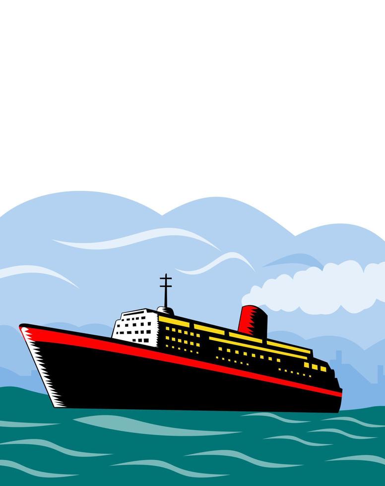 crucero transatlántico o buque de pasajeros en el mar estilo retro grabado en madera aislado vector