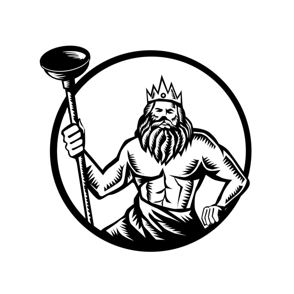 Poseidon Holding Toilet Plunger Circle Woodcut Black and White vector
