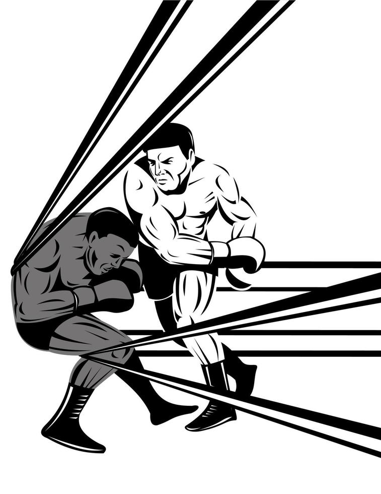 Boxer on the Ropes with Prizefighter Connecting Knockout Punch Retro Woodcut Style vector