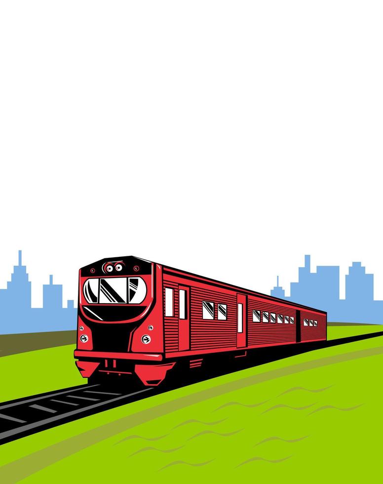 Diesel Passenger Train on Railroad Track with Cityscape Isolated Retro Style vector