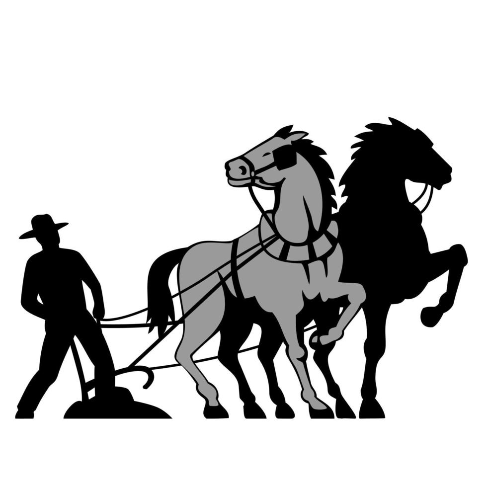 agricultor y caballo de trabajo con arado o campo de arado estilo retro grabado en madera vector