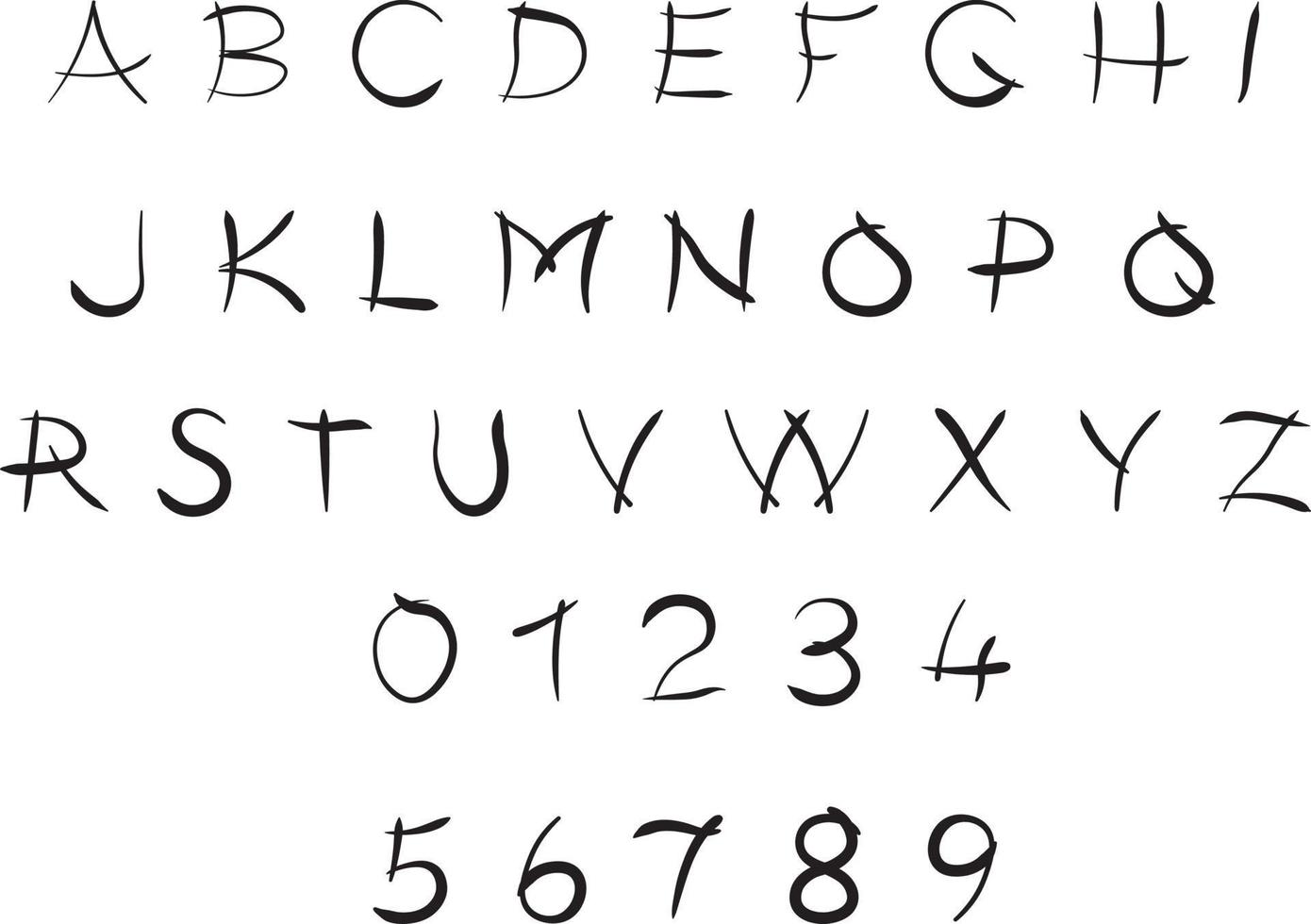 Hand drawn free style font, vector alphabet and numbers