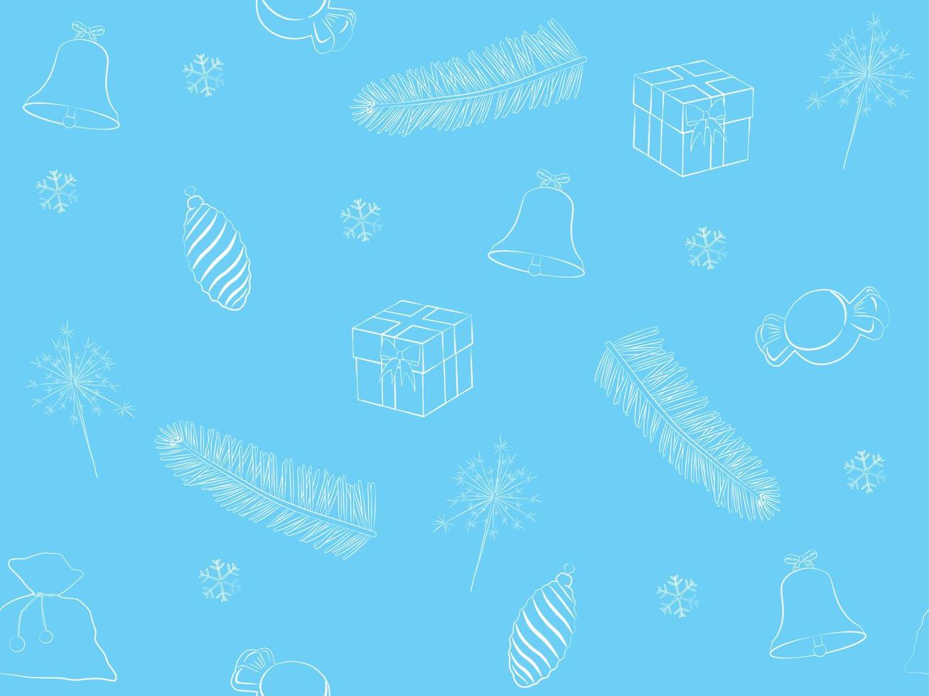 Christmas and new year blue and white seamless background with fir branch, toys and gifts vector illustration