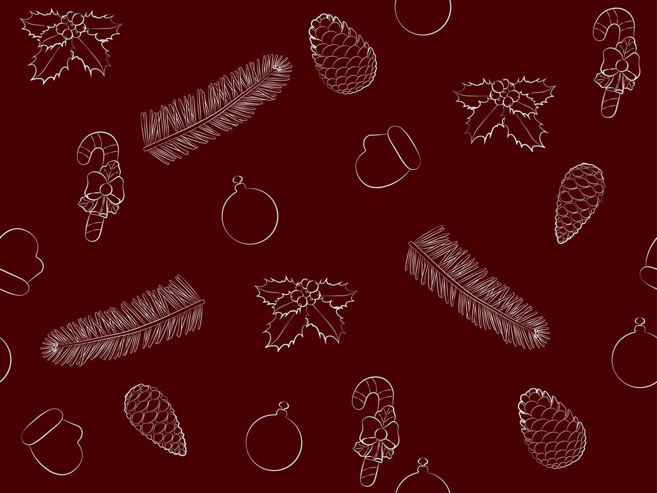 Christmas and new year red and white seamless background with fir branch, toys and fir cones vector illustration