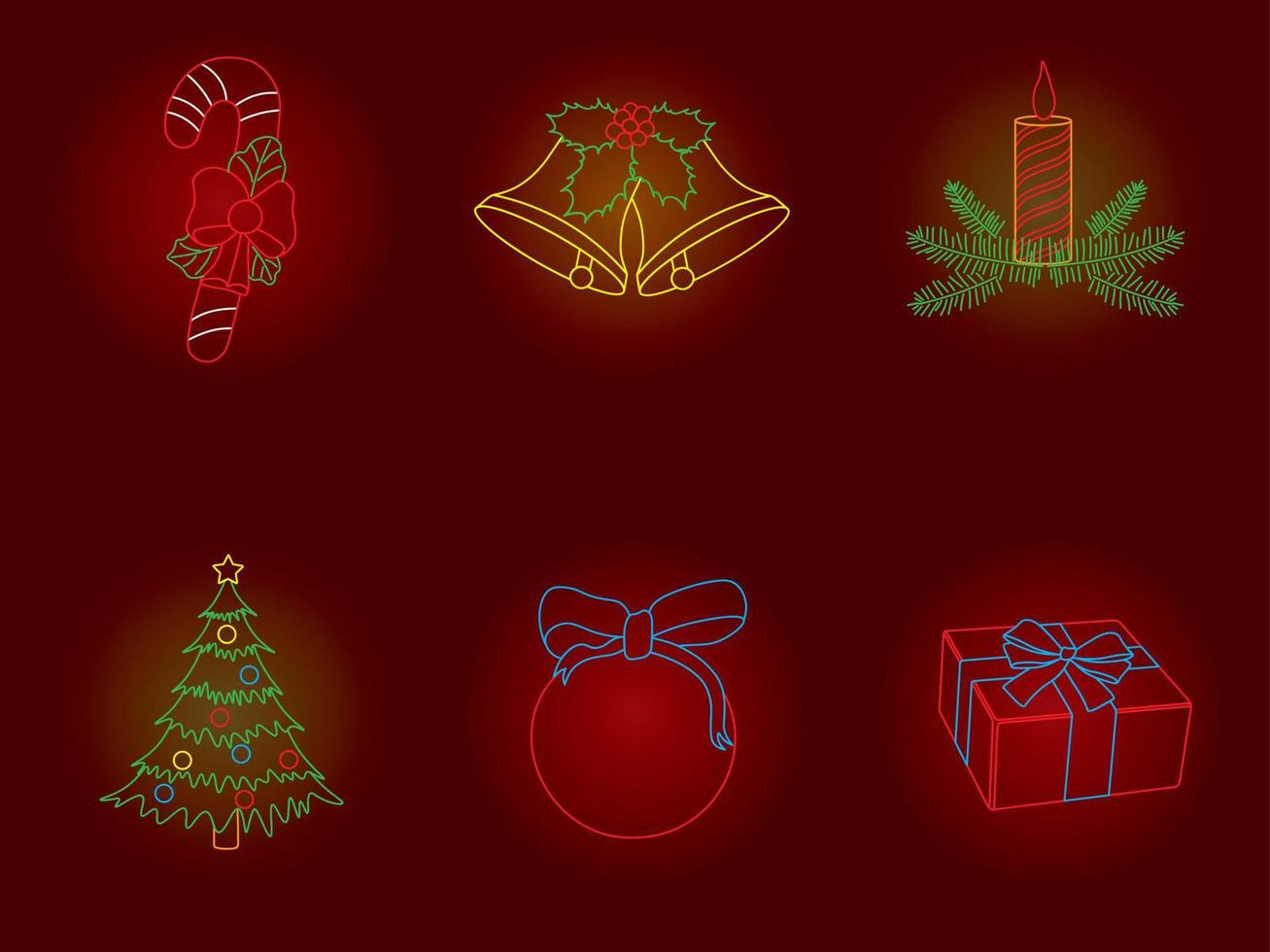 Christmas and new year neon light decorations on dark red background vector illustration