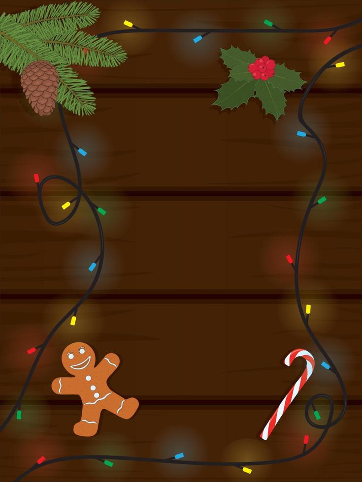 Christmas and new year wooden  background with led lights, decorations and sweets vector illustration