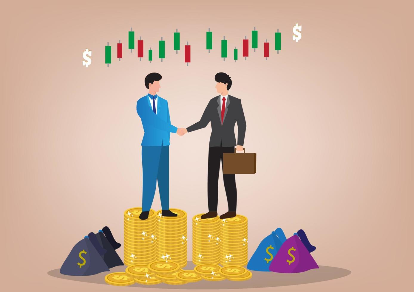 vector illustration of two business people standing hand in hand on a pile of coins business investment ideas