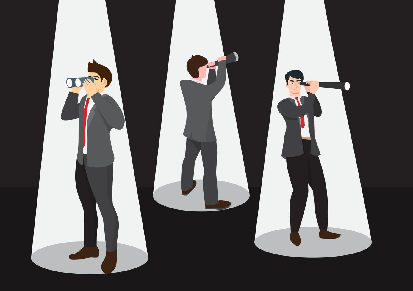 Businessman looking forward with binoculars . Character must be in the dark to find bright business investments. vector illustration