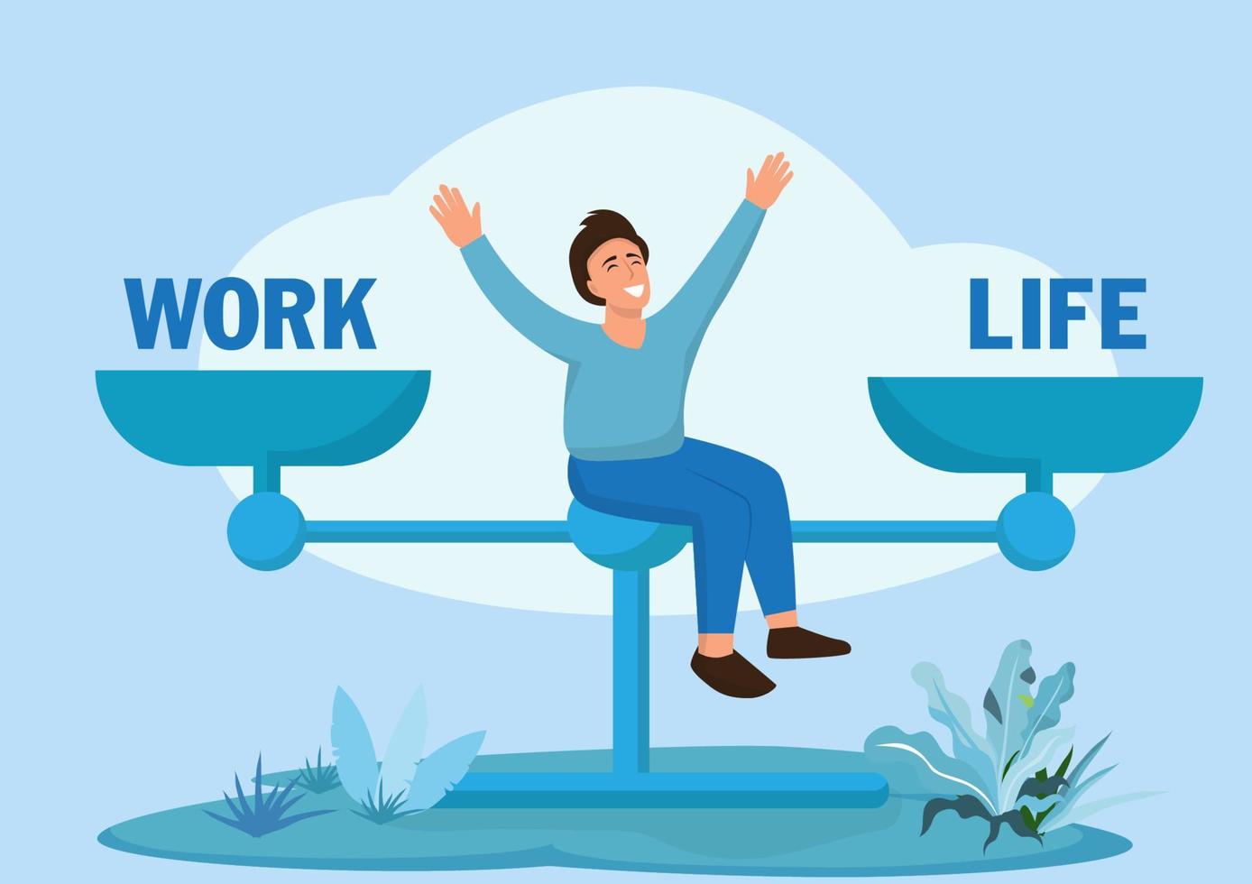 balance de vida y trabajo en escalas. el hombre mantiene la armonía y elige entre carrera y dinero versus salud y tiempo, ocio o negocios. comparación estrés y vida sana, familia, amor versus trabajo. vector