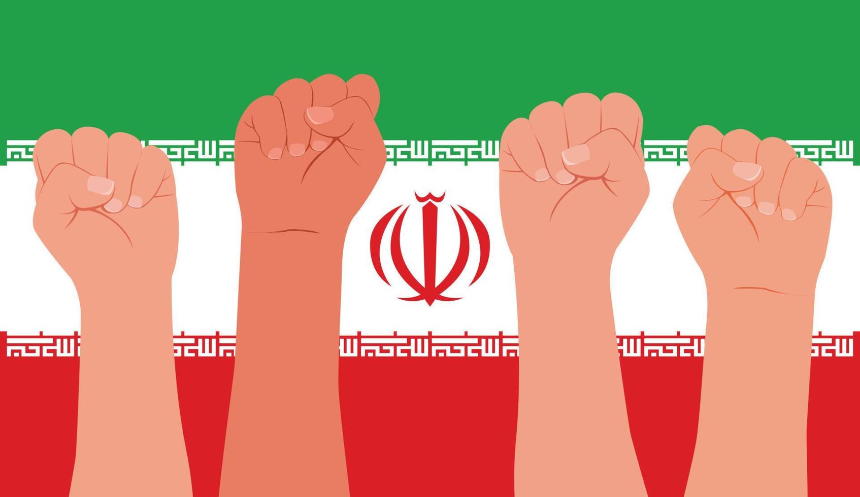 Women's hands clenched into a fist on the background of the Iranian flag. Protests in Iran. Female protesters' hands raise their fists. Women's rights. Vector flat modern illustration.