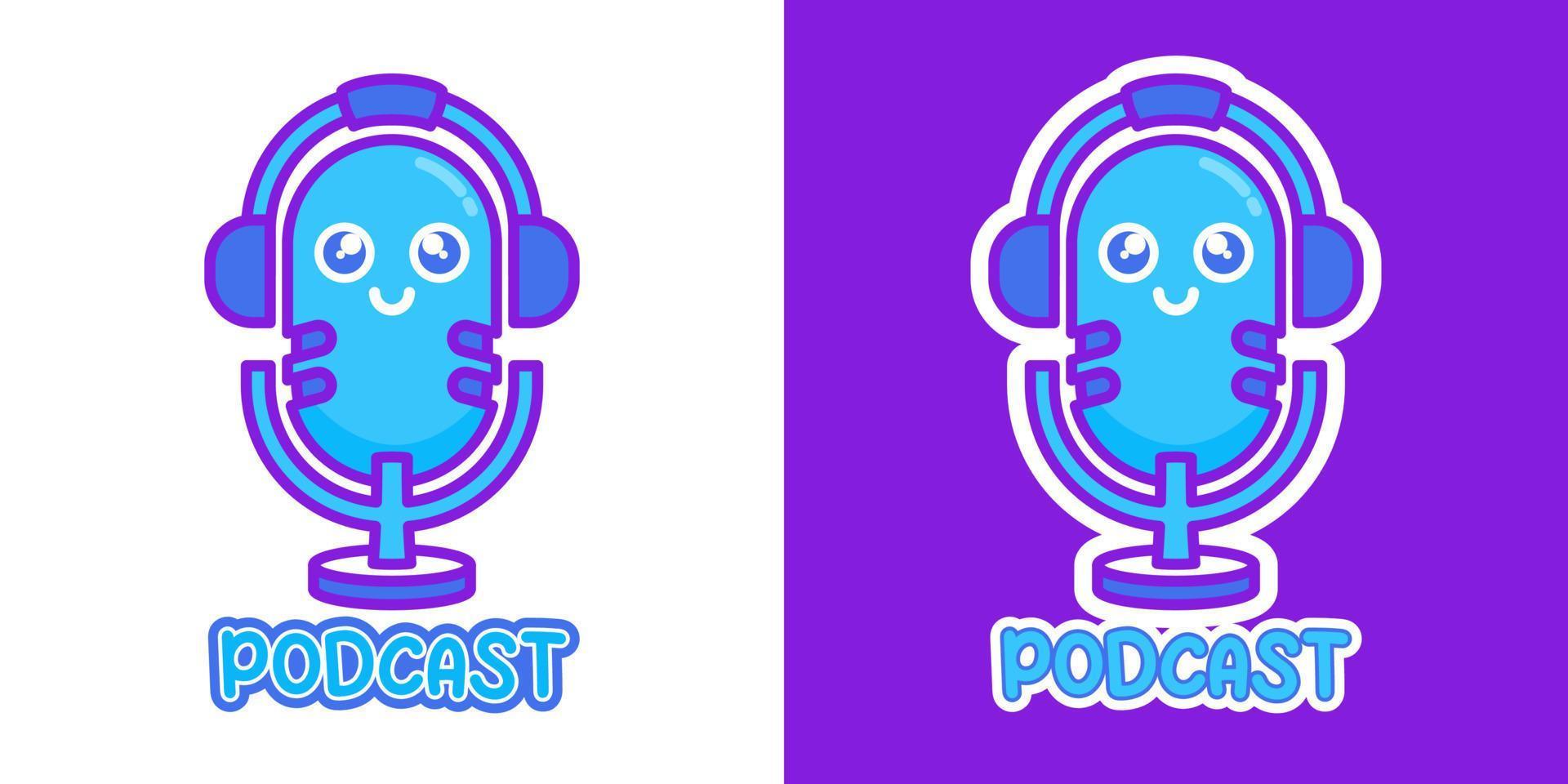 Podcast mic audio cute blue purple kawaii cartoon vector icon concept. Flat illustration style for mascot, sticker, logo and icon.