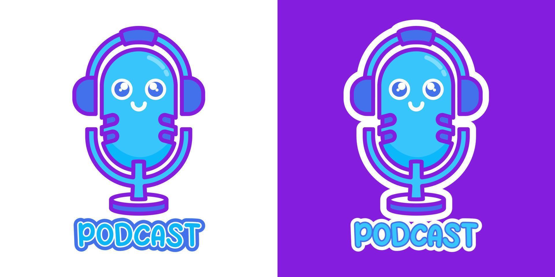 Podcast mic audio lindo azul púrpura kawaii dibujos animados vector icono concepto. estilo de ilustración plana para mascota, pegatina, logotipo e icono.