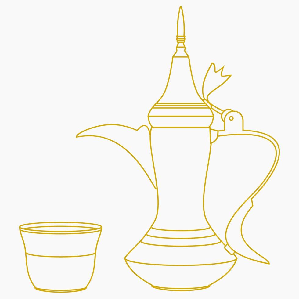 Editable Side View Traditional Arabic Coffee with Dallah Pot and Finjan Demitasse Cup Vector Illustration in Outline Style for Cafe Related Design or Arab History and Tradition Culture