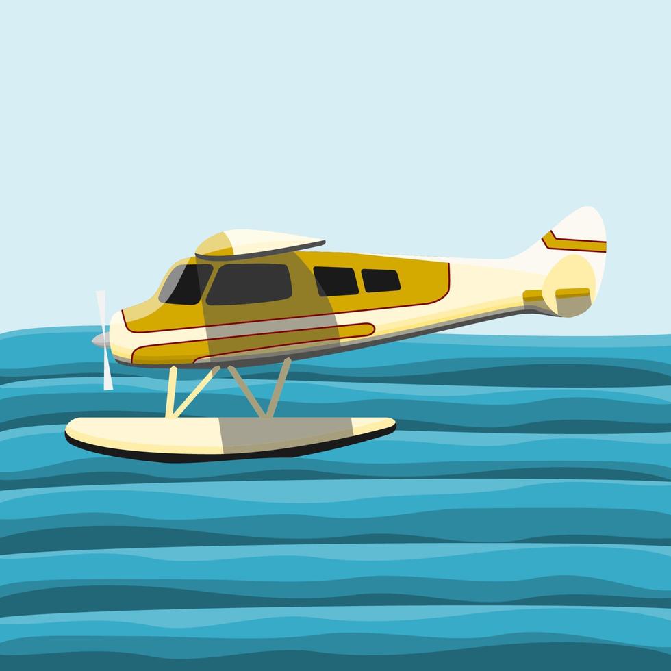 Editable Side View Pontoon Plane Flying Over a Wavy Lake Vector Illustration for Transportation or Recreation Related Design