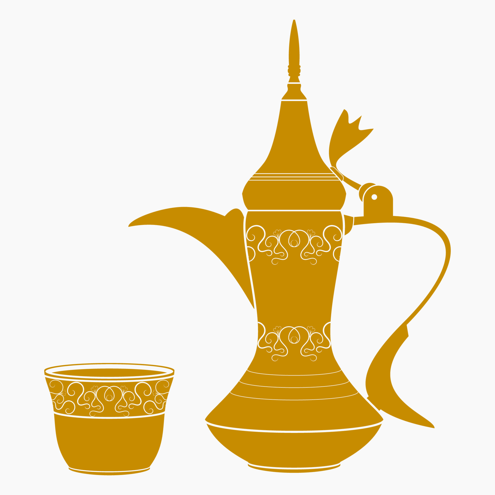 Editable Side View Traditional Arabic Coffee with Dallah Pot and Finjan Demitasse Cup Vector