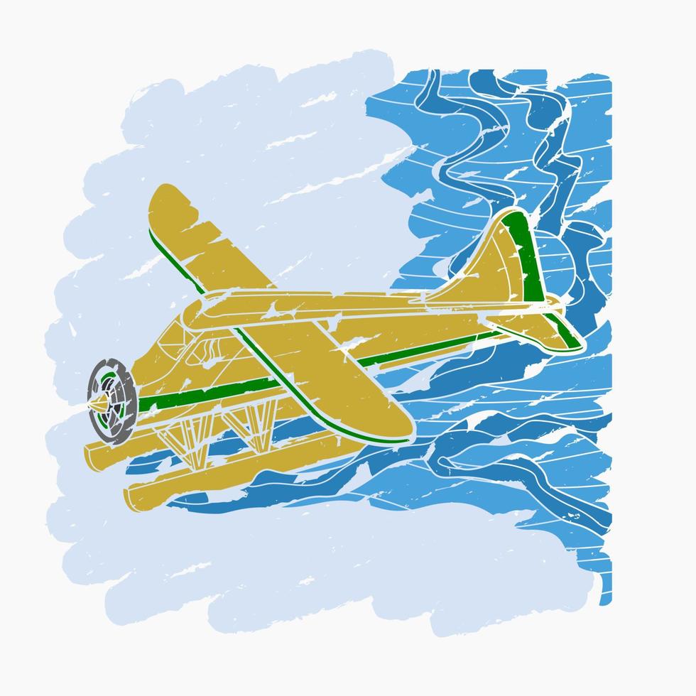 Editable Aerial Three-Quarter Oblique Front View Pontoon Floating Plane on a Wavy Lake Vector Illustration in Brush Strokes Style for Transportation or Recreation Related Design