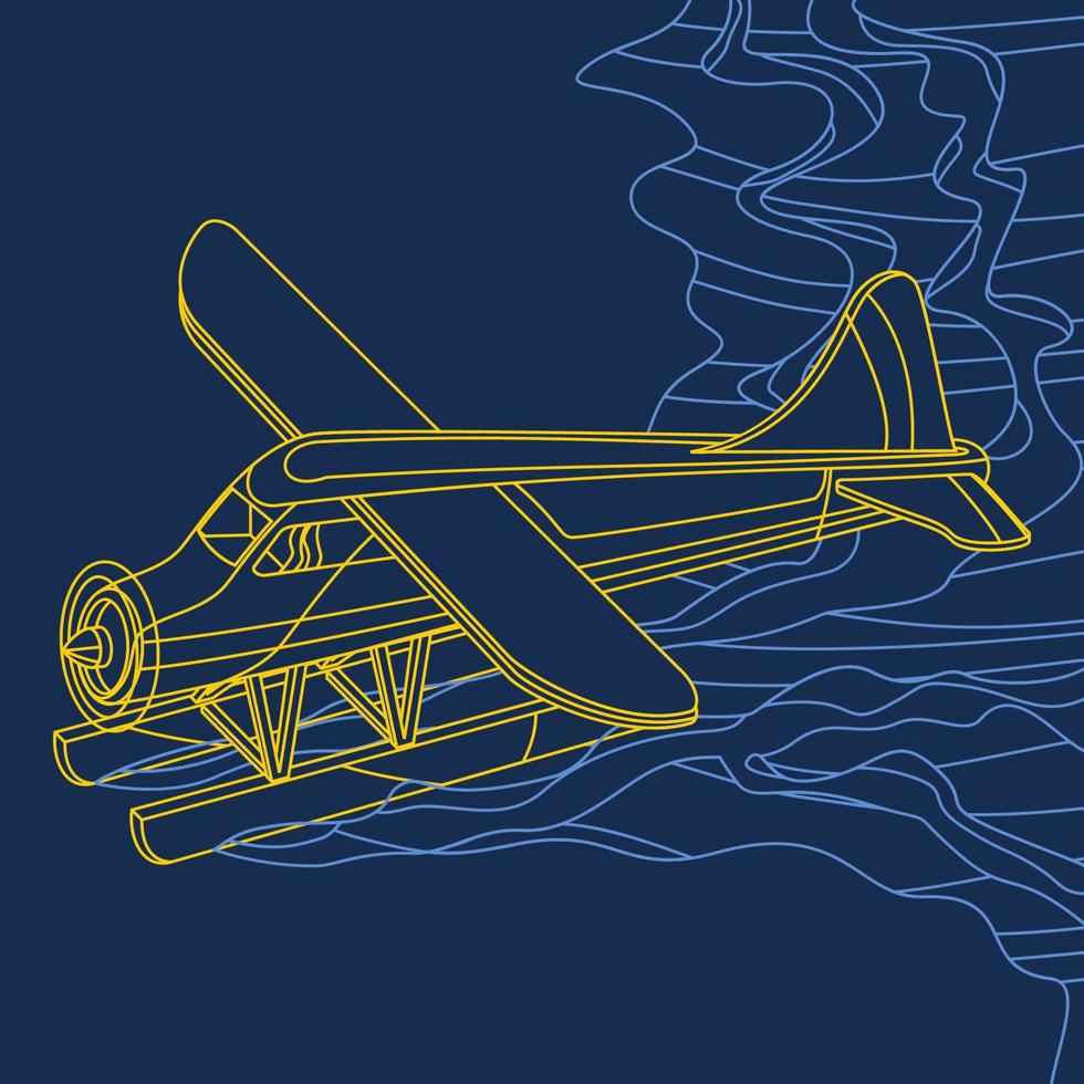 Editable Aerial Three-Quarter Oblique Front View Pontoon Floating Plane on a Wavy Lake Vector Illustration in Outline Style for Transportation or Recreation Related Design