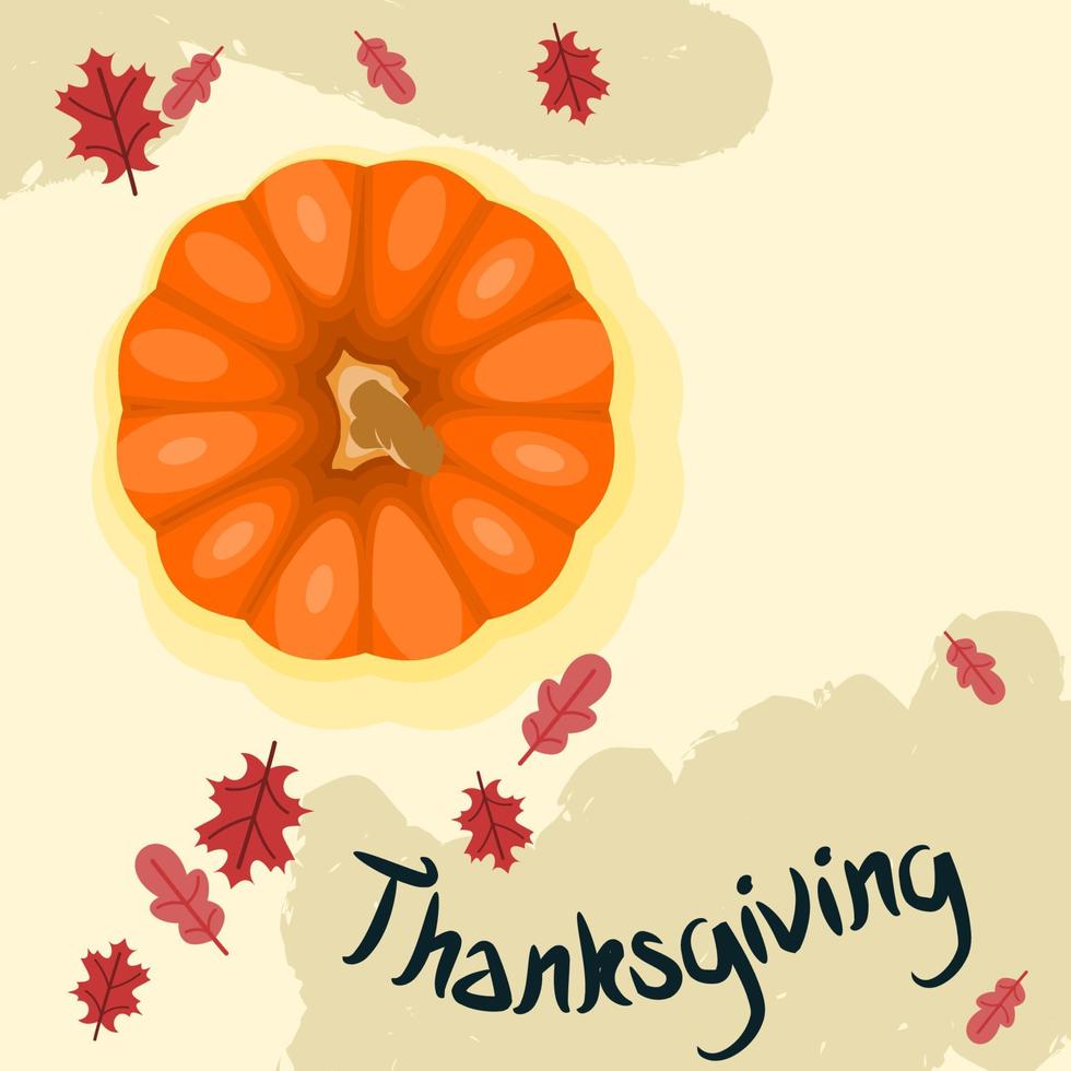 Editable Pumpkin Vector Illustration with Foliage and Manual Lettering on Brush Strokes for Thanksgiving Greeting Design